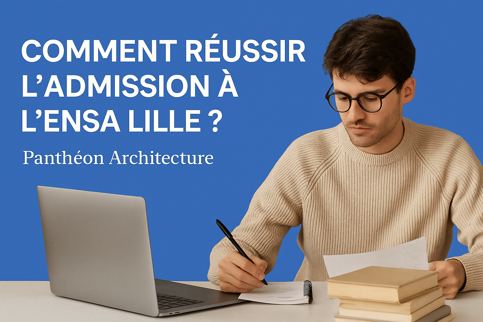 École nationale supérieure d’architecture et de paysage Lille – Étudiant préparant son admission avec Panthéon Architecture sur fond bleu, avec le titre de l’article en surimpression