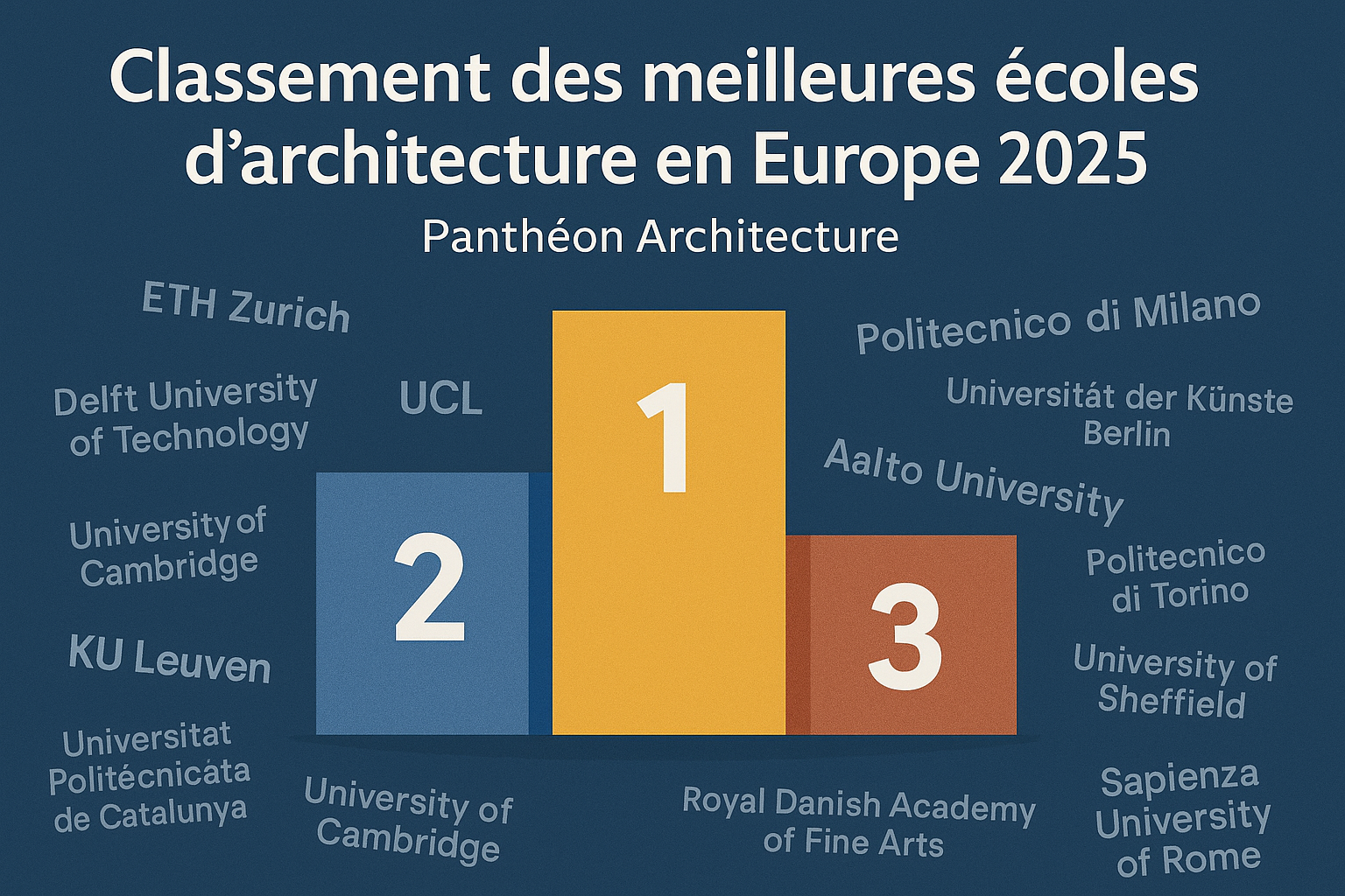 Classement des meilleures écoles d’architecture en Europe 2025 – Illustration avec podium et noms d’universités renommées telles que UCL, ETH Zurich, Politecnico di Milano et TU Delft, réalisé par Panthéon Architecture