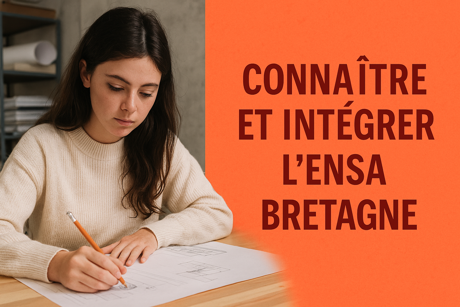 ENSA Bretagne : étudiante en architecture travaillant sur un plan, à côté du titre “Connaître et intégrer l’ENSA Bretagne” – image promotionnelle Panthéon Architecture