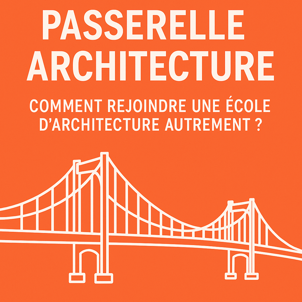 Passerelle architecture : visuel illustrant une passerelle symbolique vers les études d’architecture, avec un pont blanc sur fond orange et le nom Panthéon Architecture.
