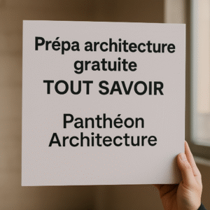 Panneau réaliste tenu à la main affichant "Prépa architecture gratuite, tout savoir – Panthéon Architecture" dans un cadre lumineux