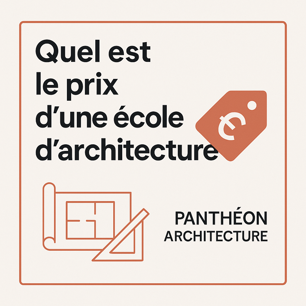 Infographie illustrant le coût d'une école d'architecture avec icône étiquette euro, plan et instruments de dessin – Panthéon Architecture
