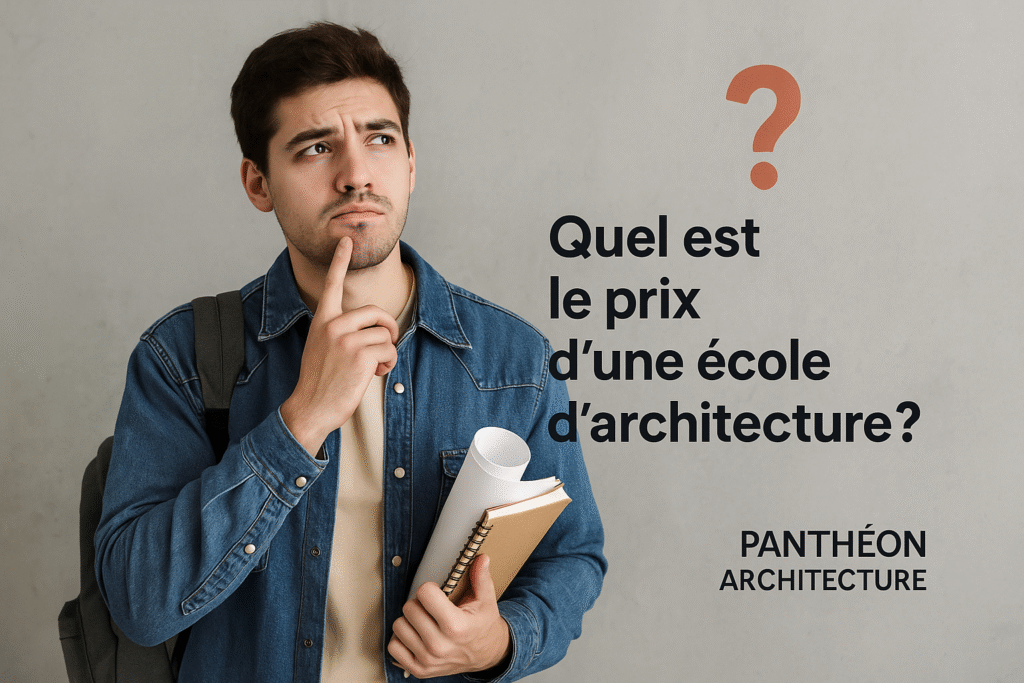Jeune étudiant en architecture pensif, tenant des plans et carnets, devant une question sur le prix d’une école d’architecture – Panthéon Architecture