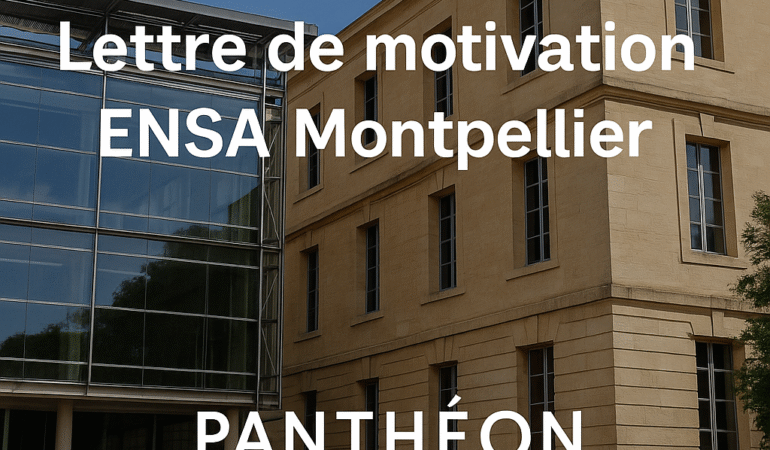 Photographie d’un bâtiment emblématique de Montpellier, avec le titre “Lettre de motivation ENSA Montpellier : réussir sa candidature avec méthode” superposé, accompagné de la mention “Panthéon Architecture”.