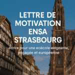Photographie de la cathédrale de Strasbourg avec des maisons à colombages au premier plan, accompagnée du titre “Lettre de motivation ENSA Strasbourg” et du nom de la prépa “Panthéon Architecture”.