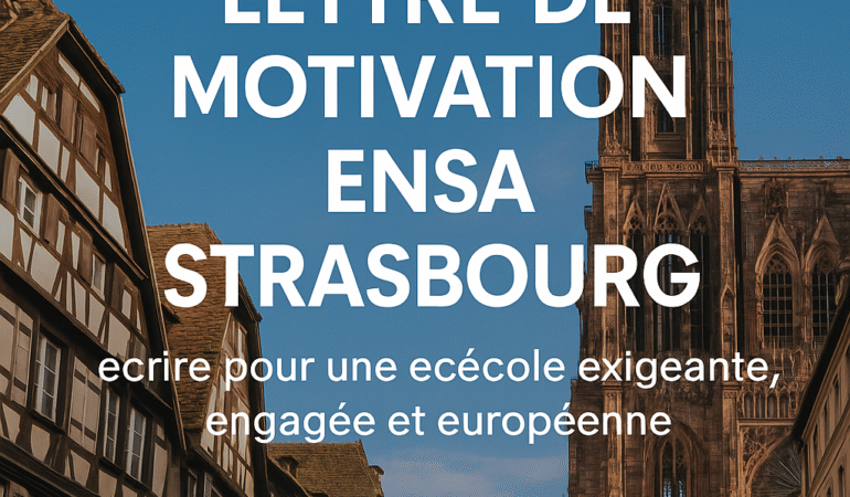 Photographie de la cathédrale de Strasbourg avec des maisons à colombages au premier plan, accompagnée du titre “Lettre de motivation ENSA Strasbourg” et du nom de la prépa “Panthéon Architecture”.