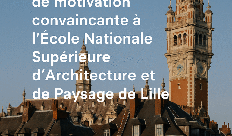 Photographie d’un bâtiment emblématique de Lille avec le texte superposé “Lettre de motivation ENSA Lille : réussir sa candidature avec méthode” et la mention “Panthéon Architecture”.