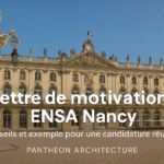 Photographie de la place Stanislas à Nancy avec le titre "Lettre de motivation ENSA Nancy – conseils et exemple pour une candidature réussie" et le nom de la prépa "Panthéon Architecture" superposés au visuel.