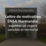 Photographie de la façade moderne de l’ENSA Normandie à Darnétal, avec en surimpression le titre “Lettre de motivation ENSA Normandie” et le nom de la prépa “Panthéon Architecture”.