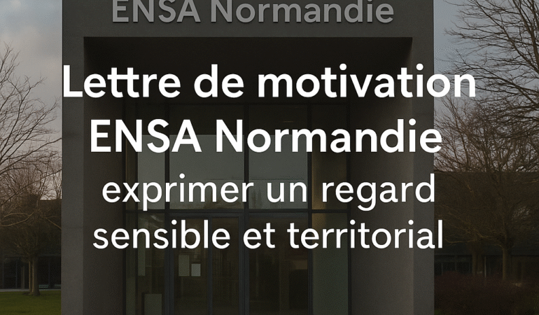 Photographie de la façade moderne de l’ENSA Normandie à Darnétal, avec en surimpression le titre “Lettre de motivation ENSA Normandie” et le nom de la prépa “Panthéon Architecture”.