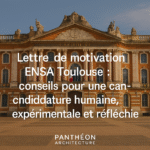 Photographie du Capitole de Toulouse sous un ciel clair, avec en surimpression le titre de l’article “Lettre de motivation ENSA Toulouse” et le nom de la prépa “Panthéon Architecture”.