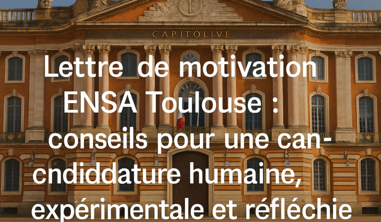 Photographie du Capitole de Toulouse sous un ciel clair, avec en surimpression le titre de l’article “Lettre de motivation ENSA Toulouse” et le nom de la prépa “Panthéon Architecture”.