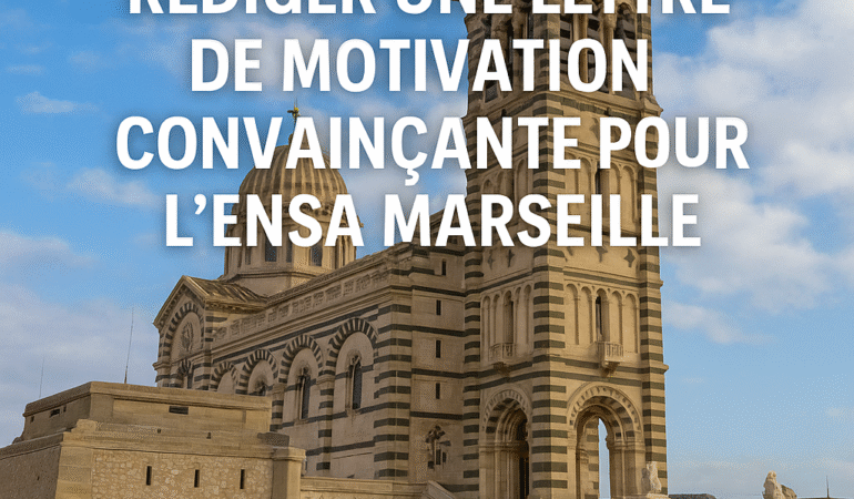 Photographie de Notre-Dame de la Garde à Marseille, avec le titre “Lettre de motivation ENSA Marseille : réussir sa candidature avec méthode” superposé, accompagné de la mention “Panthéon Architecture”.