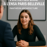 Jeune candidate passant l’entretien oral à l’ENSA Paris-Belleville face à deux enseignants, illustrant la préparation avec Panthéon Architecture.