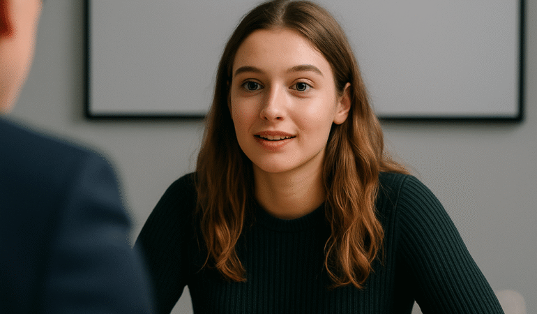 Jeune candidate passant l’entretien oral à l’ENSA Paris-Belleville face à deux enseignants, illustrant la préparation avec Panthéon Architecture.