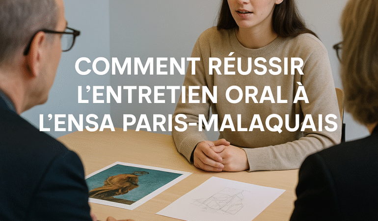 Jeune candidate présentant son analyse graphique à l’entretien oral de l’ENSA Paris-Malaquais, accompagnée par Panthéon Architecture.