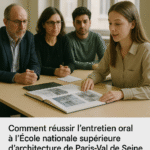 Jeune candidate présentant son portfolio lors de l’entretien oral à l’ENSA Paris-Val de Seine, face à deux enseignants et un étudiant dans une salle lumineuse.