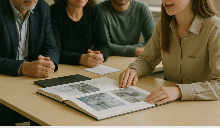 Jeune candidate présentant son portfolio lors de l’entretien oral à l’ENSA Paris-Val de Seine, face à deux enseignants et un étudiant dans une salle lumineuse.