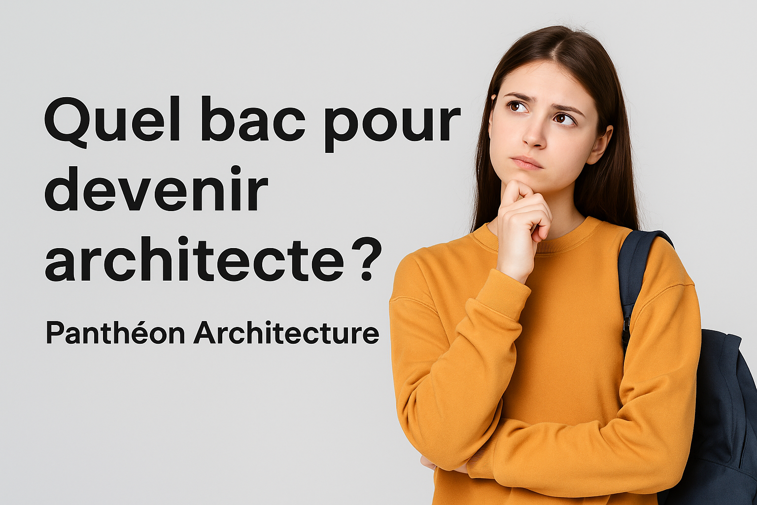Lycéenne pensive avec sac à dos regardant vers le haut à côté du titre "Quel bac pour devenir architecte ?" et du nom de la prépa Panthéon Architecture