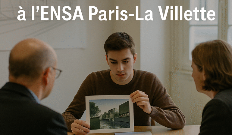 Candidat commentant une image architecturale lors de l’entretien oral à l’ENSA Paris-La Villette, face à deux enseignants.