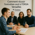 Candidat analysant un article de presse lors de l’entretien oral à l’ENSA Versailles, face à deux enseignants, dans une salle d’architecture.