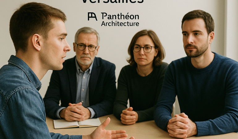Candidat analysant un article de presse lors de l’entretien oral à l’ENSA Versailles, face à deux enseignants, dans une salle d’architecture.