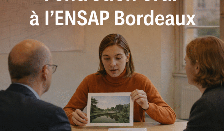 Candidate analysant une image architecturale et paysagère lors de l’entretien oral à l’ENSAP Bordeaux face à deux enseignants.