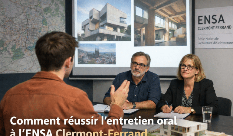 Candidat présentant et commentant des images architecturales lors de l’entretien oral à l’ENSA Clermont-Ferrand, face à un jury de deux enseignants.