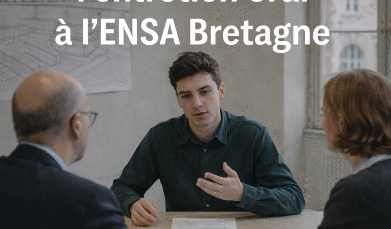 Candidat échangeant avec deux enseignants lors de l’entretien oral à l’ENSA Bretagne, illustrant la préparation à l’oral d’architecture.