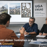 Candidat échangeant avec deux enseignants lors de l’entretien oral à l’ENSA Grenoble, analysant des supports visuels fournis par l’école.