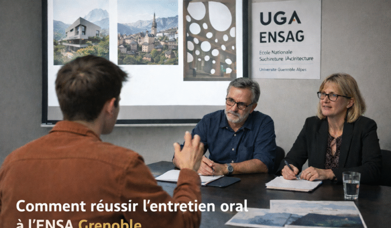 Candidat échangeant avec deux enseignants lors de l’entretien oral à l’ENSA Grenoble, analysant des supports visuels fournis par l’école.