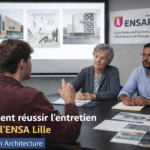 Candidat échangeant avec deux enseignants lors de l’entretien oral à l’ENSA Lille, analysant des supports visuels fournis par l’école.