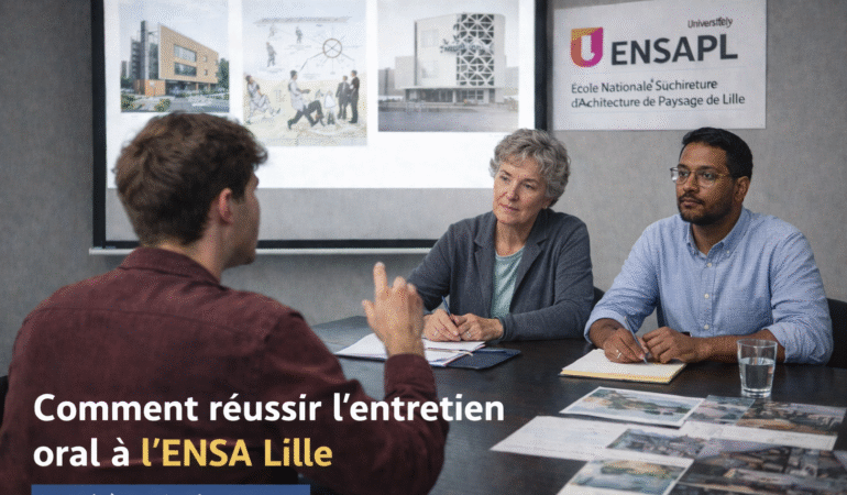 Candidat échangeant avec deux enseignants lors de l’entretien oral à l’ENSA Lille, analysant des supports visuels fournis par l’école.