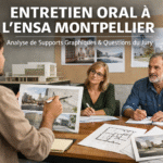 Candidat en entretien oral à l’ENSA Montpellier commentant des supports graphiques devant un jury d’architectes