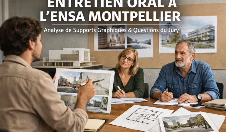 Candidat en entretien oral à l’ENSA Montpellier commentant des supports graphiques devant un jury d’architectes