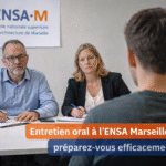 Candidat en entretien oral anonyme à l’ENSA Marseille face à deux enseignants, lors de l’oral d’admission en présentiel.