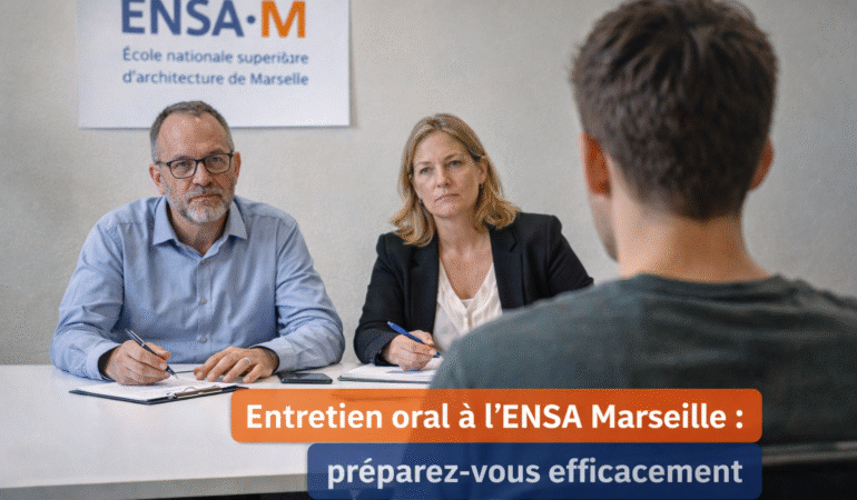 Candidat en entretien oral anonyme à l’ENSA Marseille face à deux enseignants, lors de l’oral d’admission en présentiel.