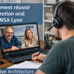 Candidat passant un entretien oral en distanciel pour l’ENSA Lyon avec un jury de deux enseignants, illustrant la préparation à l’oral en architecture.