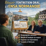 Candidat présentant son parcours et analysant une image d’architecture devant un jury lors d’un entretien oral ENSA Normandie