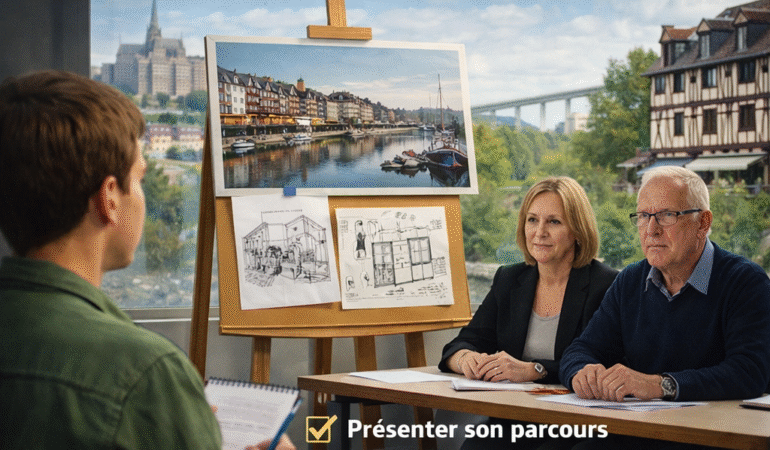 Candidat présentant son parcours et analysant une image d’architecture devant un jury lors d’un entretien oral ENSA Normandie