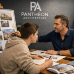 Étudiant préparant l’entretien ENSA Strasbourg avec images d’architecture et enseignant de la prépa en architecture Panthéon Architecture