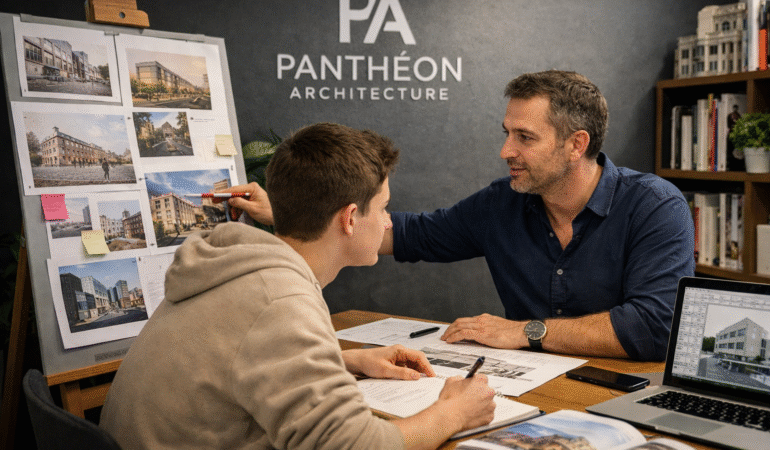 Étudiant préparant l’entretien ENSA Strasbourg avec images d’architecture et enseignant de la prépa en architecture Panthéon Architecture