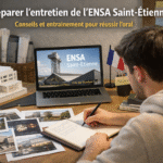 Étudiant préparant l’entretien ENSA Saint-Étienne avec images d’architecture, maquettes et notes pour réussir l’oral
