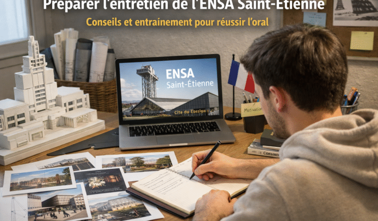 Étudiant préparant l’entretien ENSA Saint-Étienne avec images d’architecture, maquettes et notes pour réussir l’oral