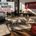 Étudiant préparant l’entretien ENSA Nantes avec images d’architecture, ordinateur et notes Panthéon Architecture pour réussir l’oral