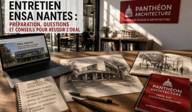Étudiant préparant l’entretien ENSA Nantes avec images d’architecture, ordinateur et notes Panthéon Architecture pour réussir l’oral