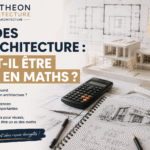 Illustration d’un bureau d’architecture avec plans, maquette, calculatrice et carnet de croquis pour un article sur le rôle des mathématiques dans les études d’architecture chez Pantheon Architecture
