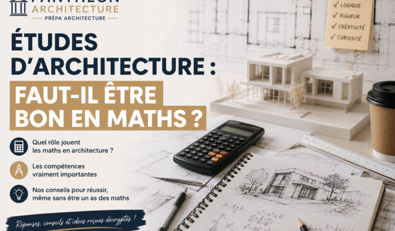 Illustration d’un bureau d’architecture avec plans, maquette, calculatrice et carnet de croquis pour un article sur le rôle des mathématiques dans les études d’architecture chez Pantheon Architecture