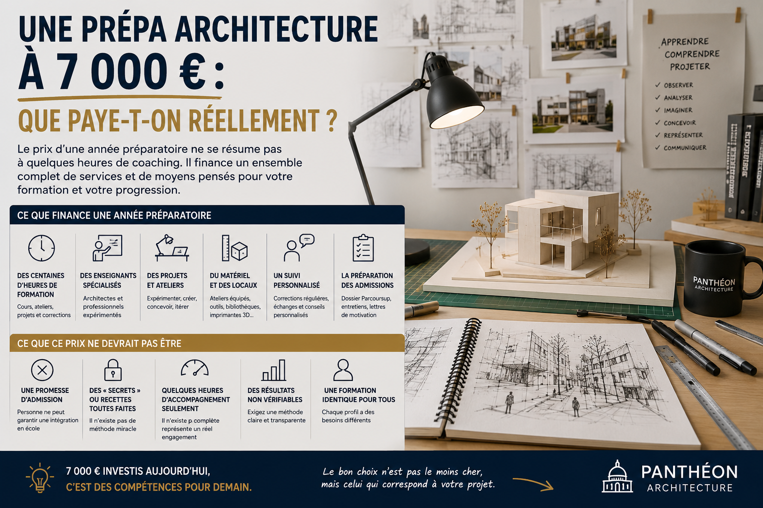Infographie expliquant ce que finance une prépa architecture à 7 000 € : heures de formation, enseignants, projets, locaux, suivi et préparation aux admissions.