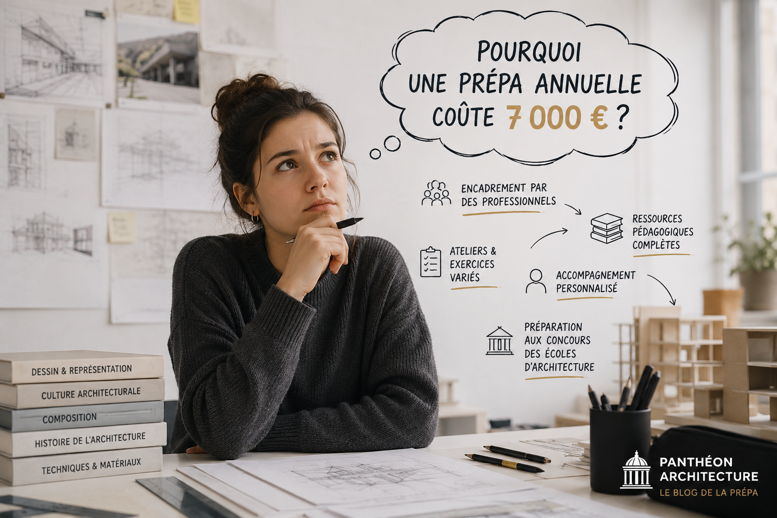 Étudiante en architecture s’interrogeant sur le prix de 7 000 € d’une prépa annuelle